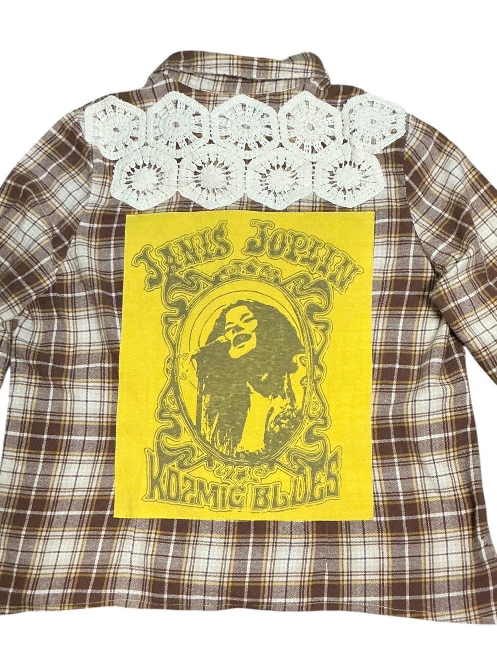 JANIS JOPLIN Upcycled Flannel T Shirt Crochet Band Festival